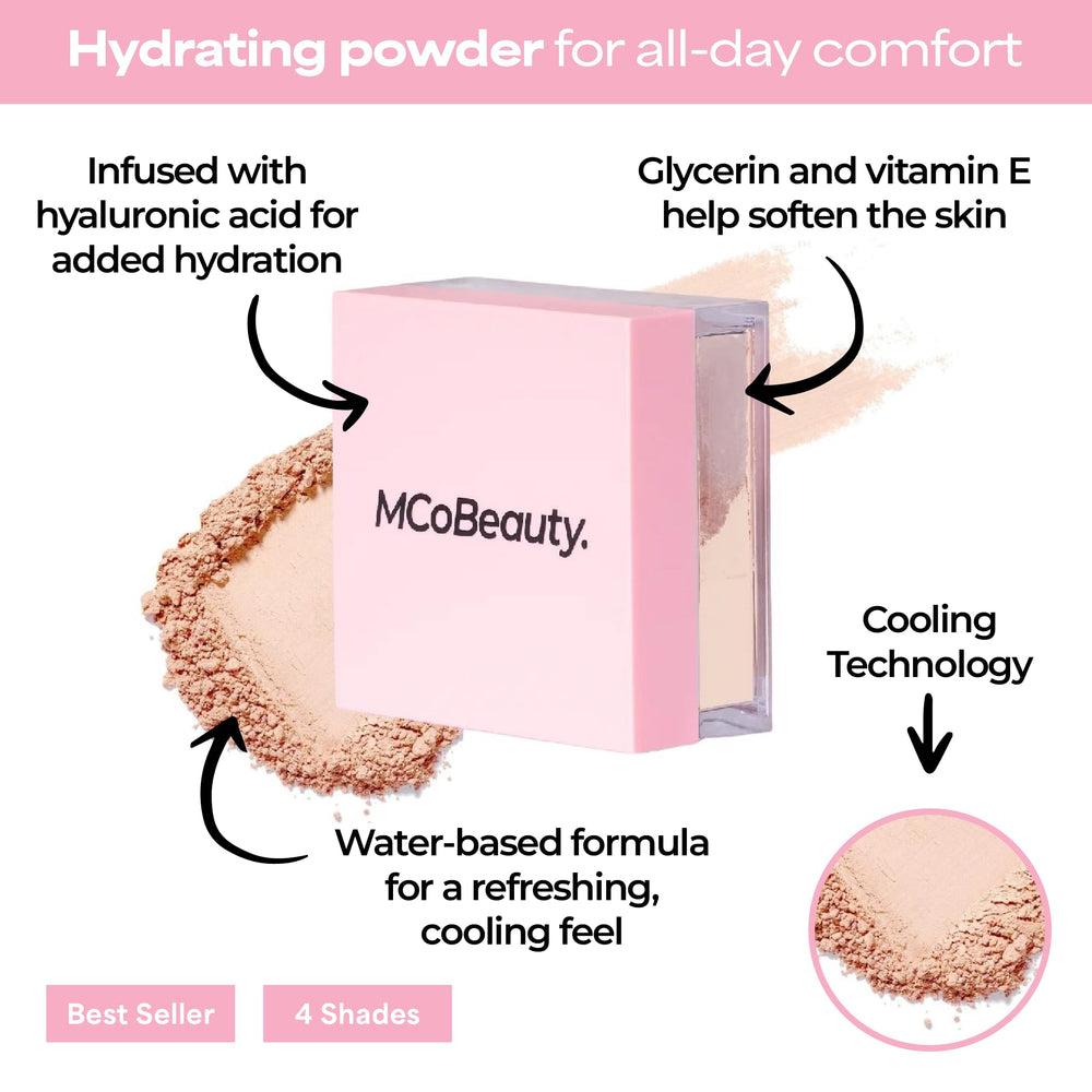 MCoBeauty Light finely milled powder texture close-up that blurs skin texture for a soft-focus effect