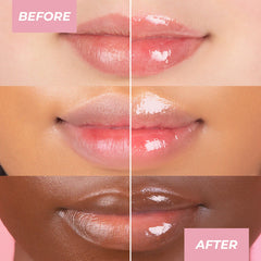 MCoBeauty gloss beside smartphone to show compact size and on-the-go convenience
