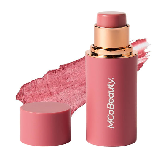 MCoBeauty front packaging showing Peony Rose stick and compact size benefits