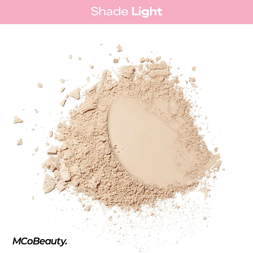 MCoBeauty velour puff applying powder to nose for matte control
