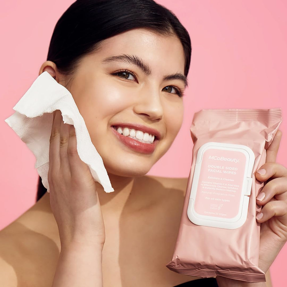 MCoBeauty double sided wipe texture close-up showing soft and exfoliating sides for gentle glow