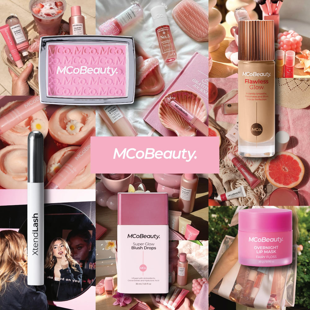 MCoBeauty XtendLash flatlay with complementary eye makeup showing product integration