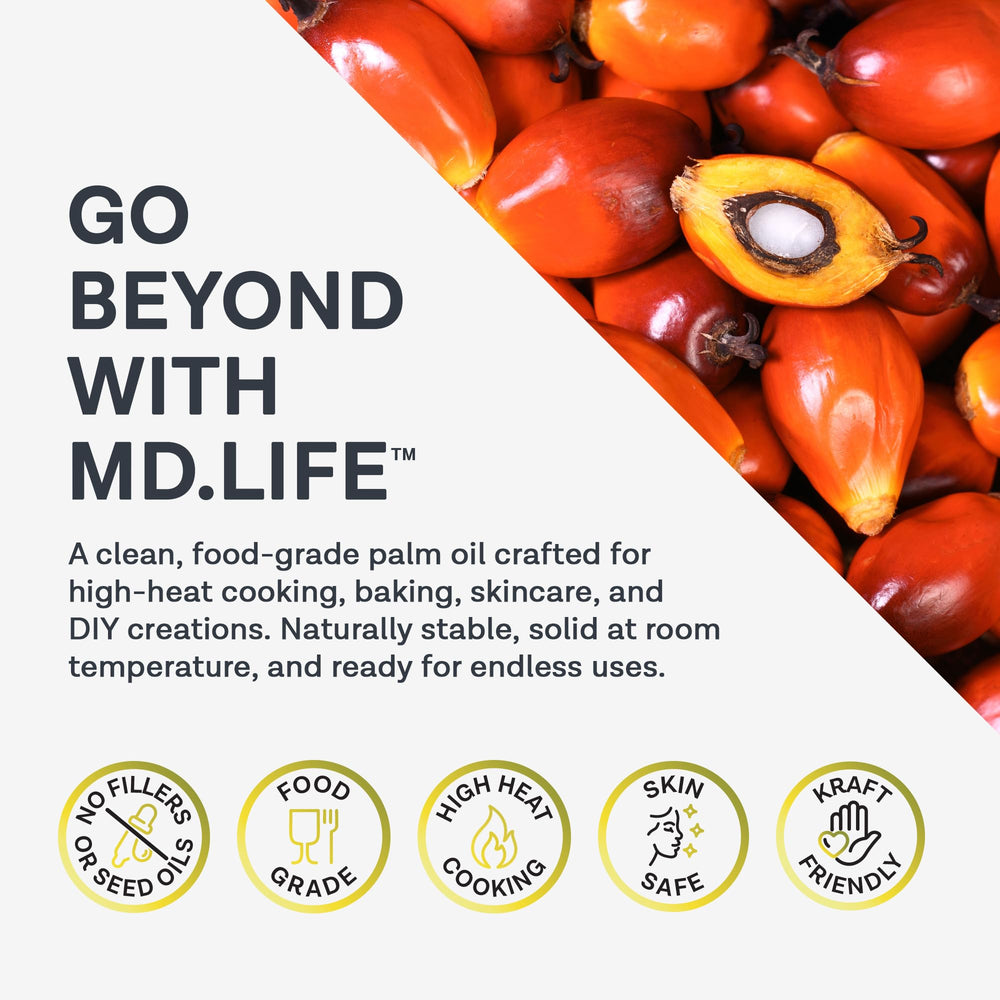 MD.LIFE palm oil pouring closeup highlighting cold‑pressed clarity and cooking use