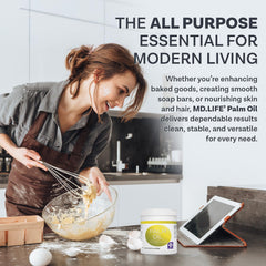 MD.LIFE palm oil in skincare jar with spoon depicting moisturizing and formulation ease