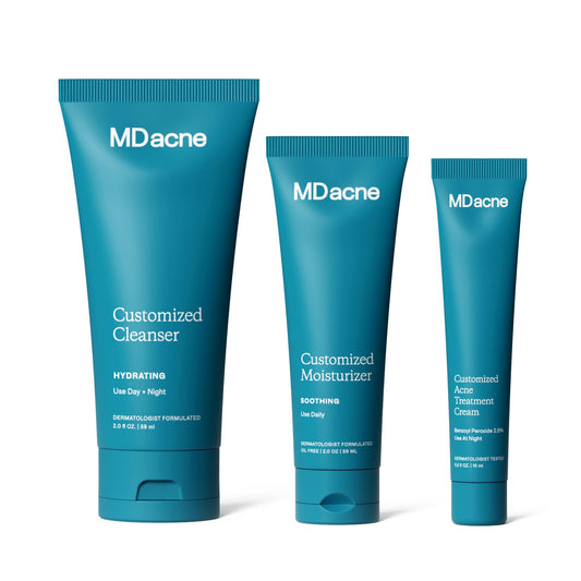 MDacne front packaging showing full three-step acne kit and clear routine benefits