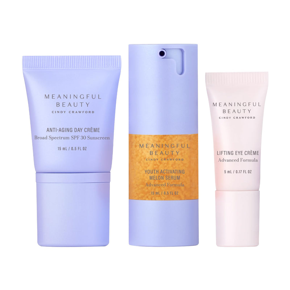Meaningful Beauty front packaging trio showing compact travel set and benefits