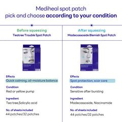 MEDIHEAL ingredients layout featuring tea tree and centella to emphasize soothing benefits