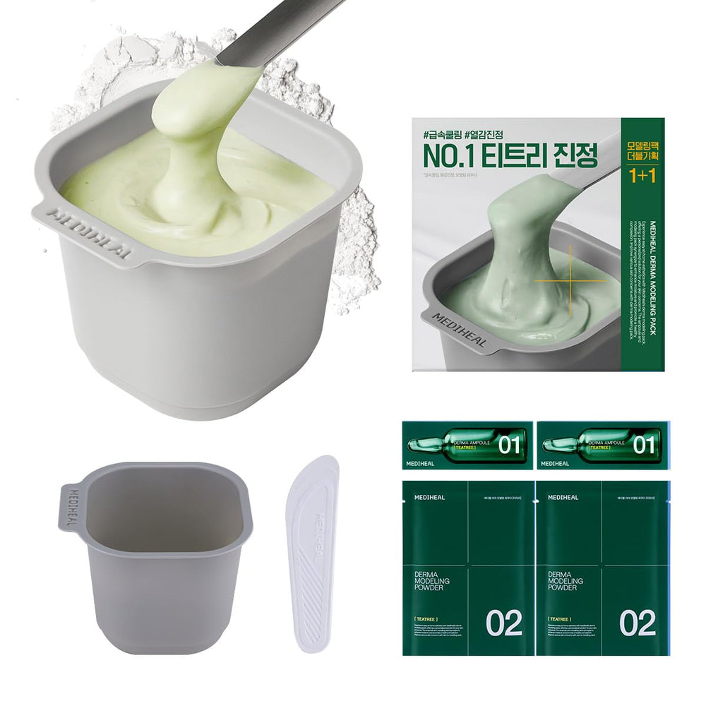 MEDIHEAL product front packaging showing tea tree two-pack, clear cooling benefit