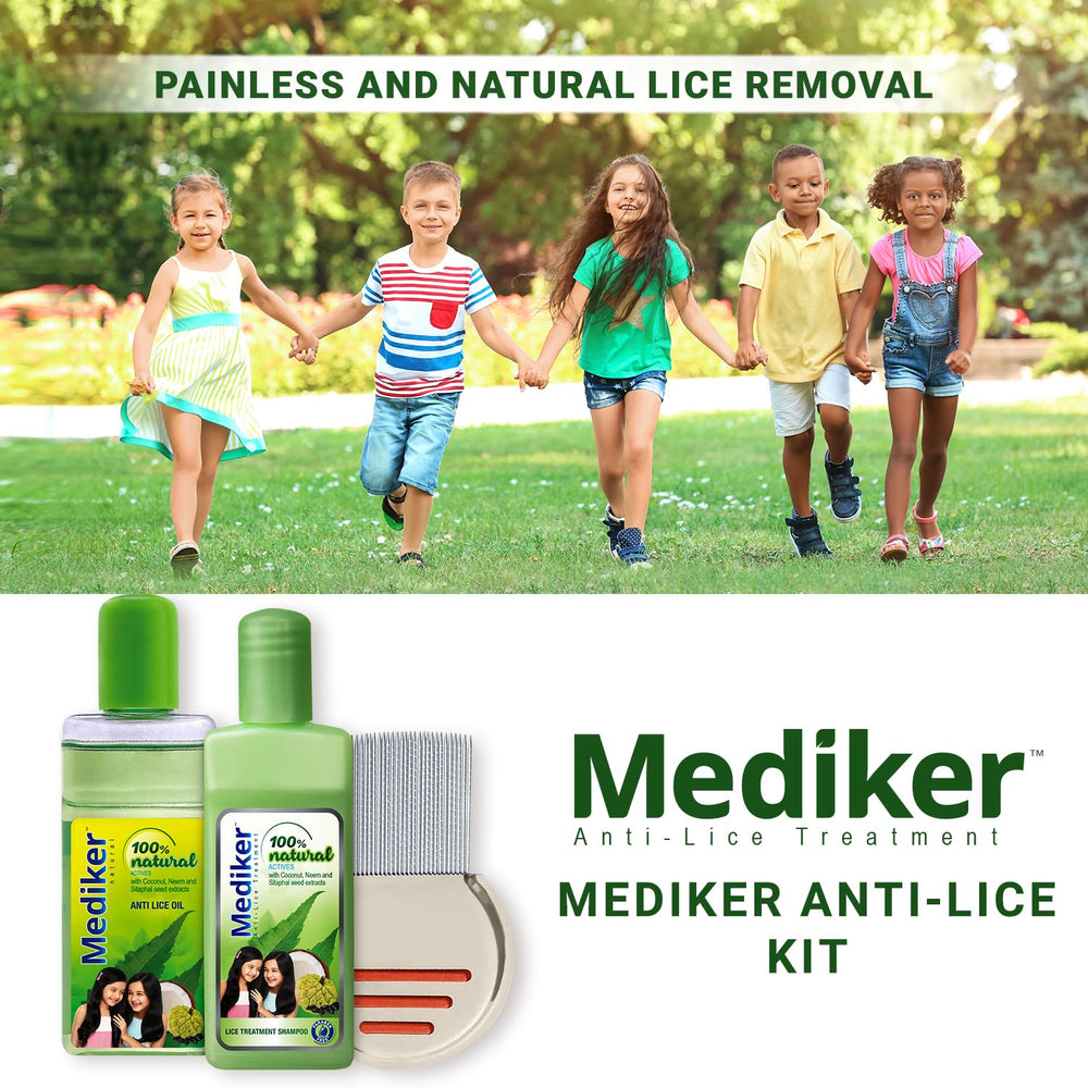 Mediker shampoo bottle close-up highlighting neem and coconut benefits