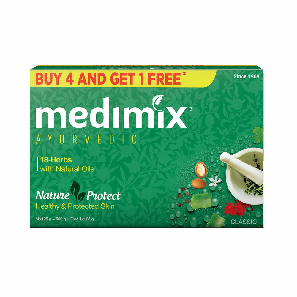 Medimix front packaging showing five 125g bars and herbal branding benefits