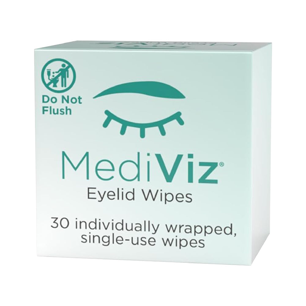 MEDIVIZ packaging front showing 30 single-use eyelid wipes and benefits