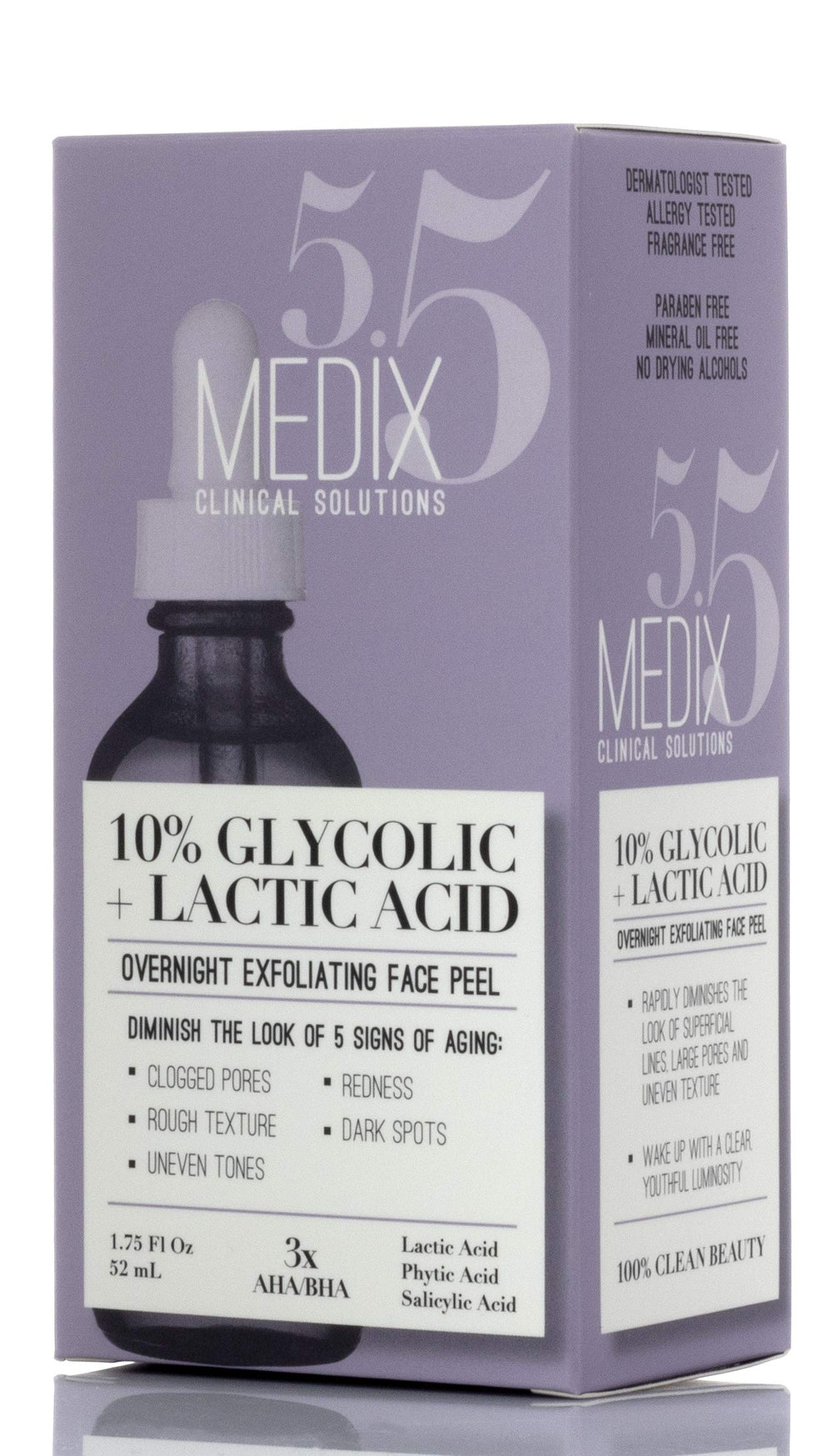 Medix 5.5 label close-up highlighting active acids and claims