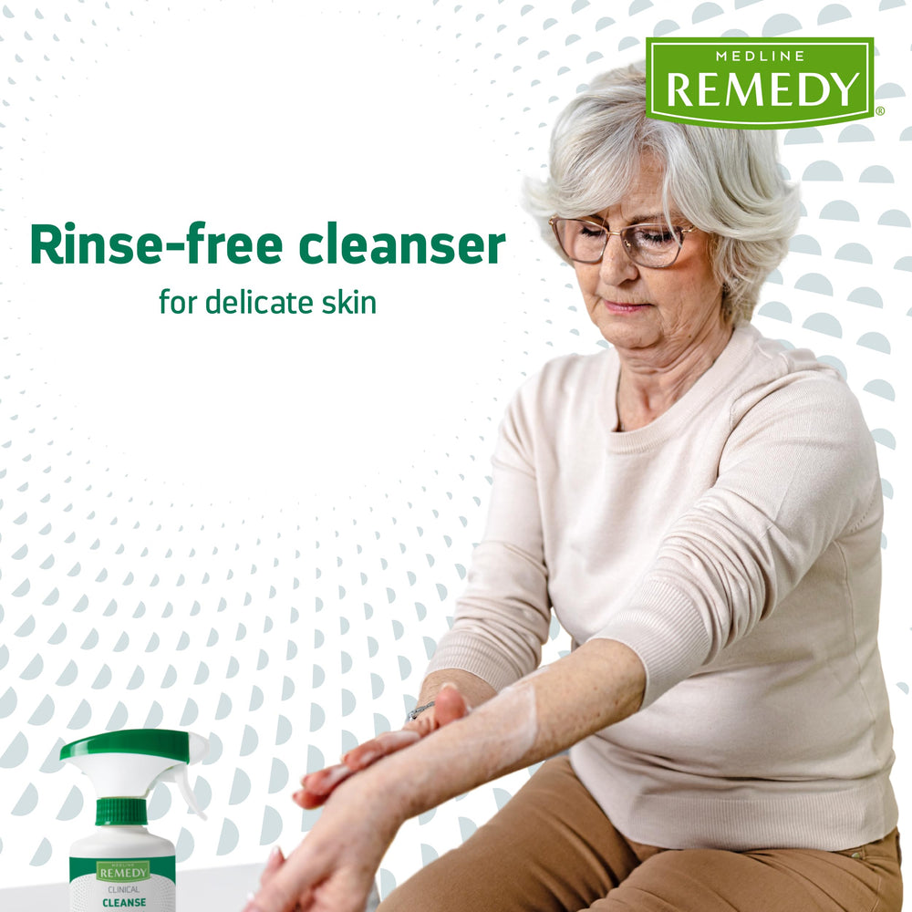Medline Remedy caregiver using spray at bedside for convenient incontinence care