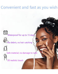 meemooron lifestyle image of woman viewing manicure, shows confidence and style