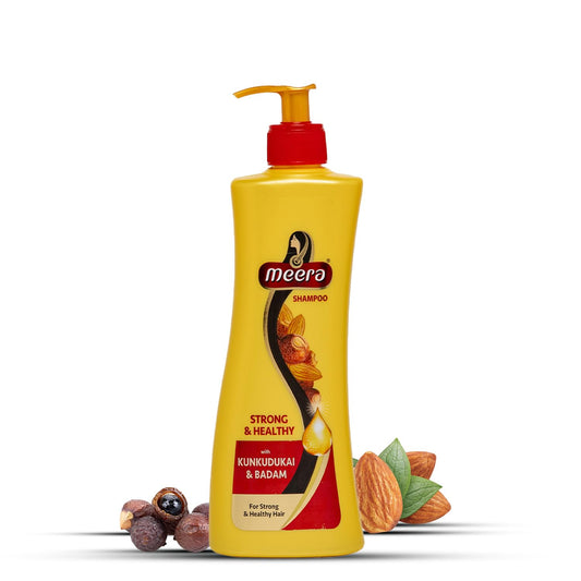 Meera shampoo front packaging showing bottle and label, promotes gentle herbal cleansing