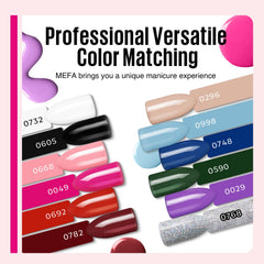 MEFA 12 color bottles laid flat showing neutral and accent shades for variety