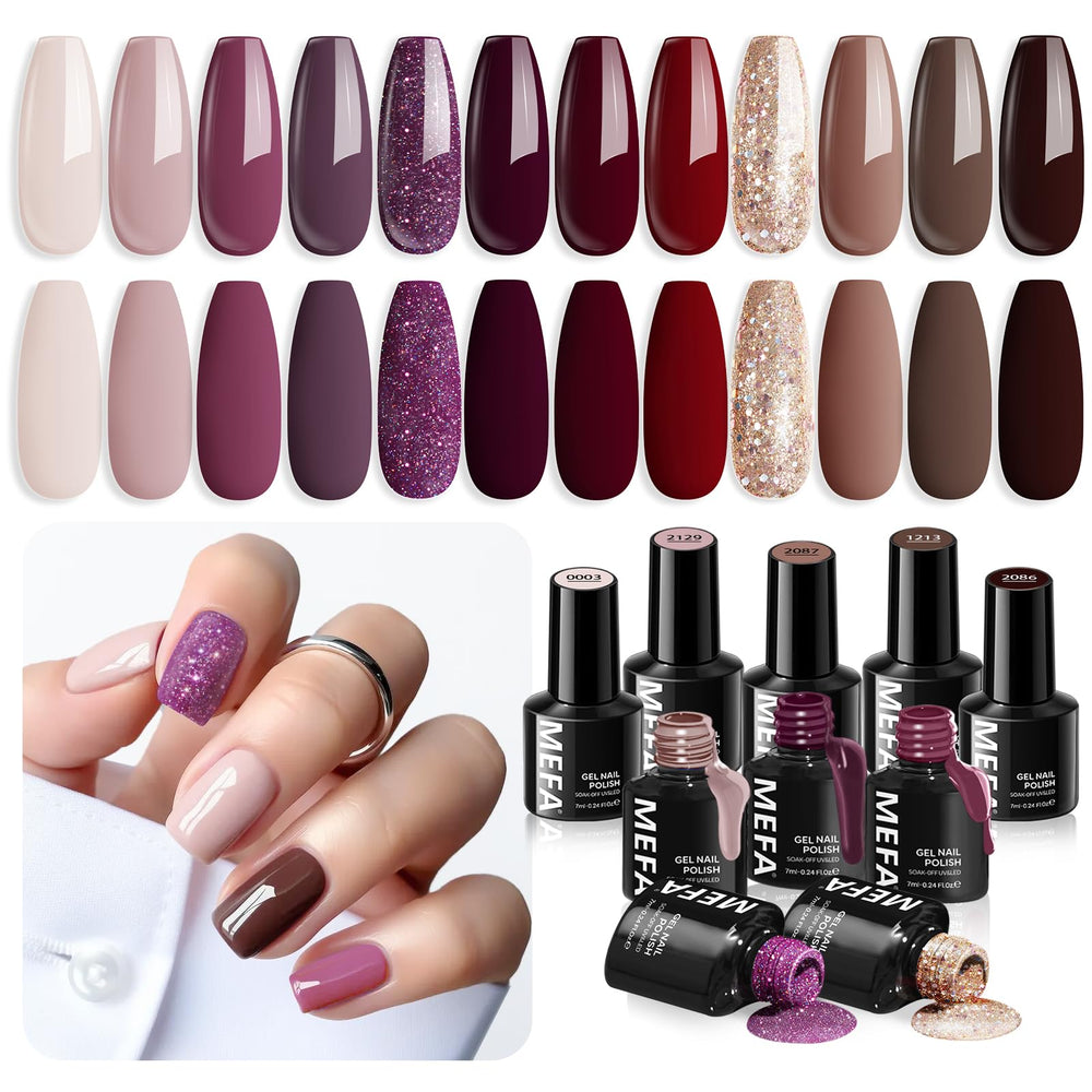 MEFA front packaging showing 12 gel polish bottles and palette benefits