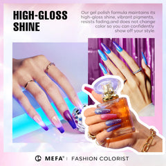 MEFA worn on nails showing warm-toned ombre effect with vibrant shimmer benefit
