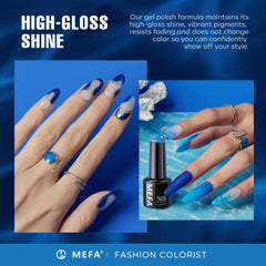 MEFA midnight navy swatch on nail tip showing deep, salon-quality coverage