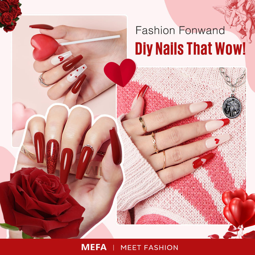 MEFA swatch array of six red shades on display, helps choose perfect tone