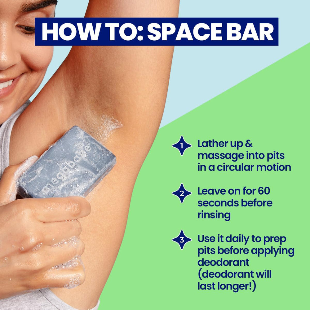 Megababe Space Bar creating lather in shower demonstrating quick 60-second pit cleanse benefit