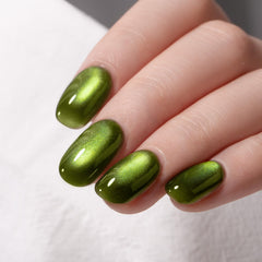 MEGIOR applied on natural nails showing velvet green glow benefit salon-quality results