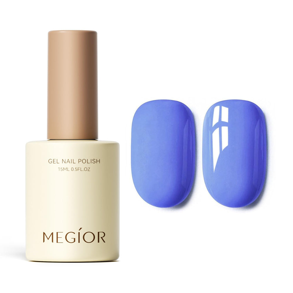 MEGIOR bottle front showing periwinkle blue-purple shade and brand benefit