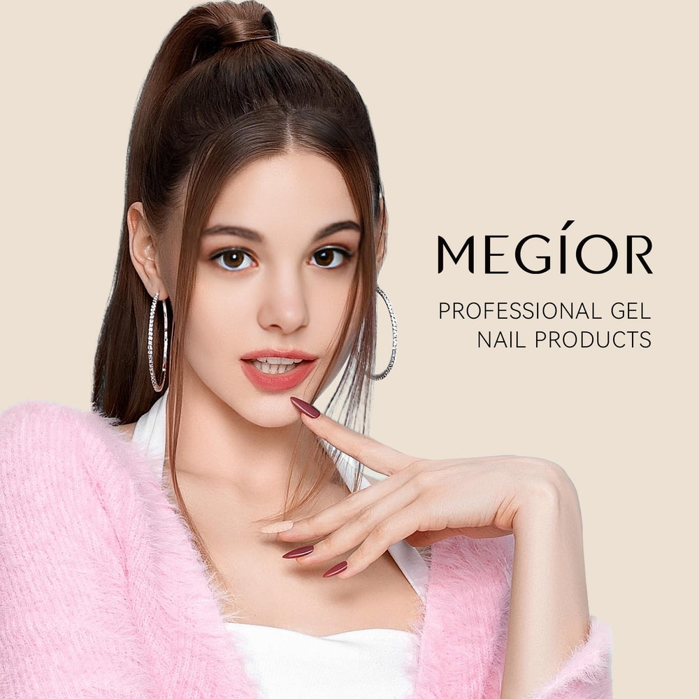 MEGIOR bottle in salon setup with lamp and tools showing ready-to-use professional manicure