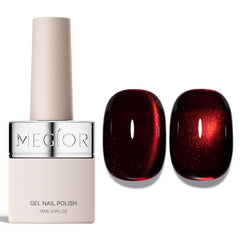 MEGIOR bottle front view showing cherry-red holographic gel and label for clarity