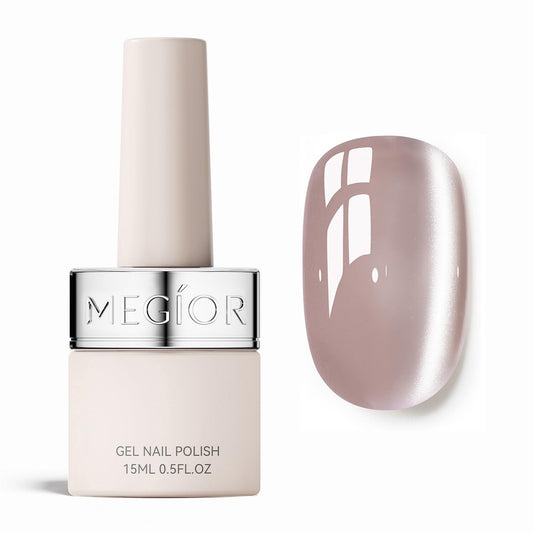 MEGIOR front bottle showing nude holographic polish and clear labeling for easy identification