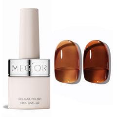 MEGIOR bottle front view showing amber jelly polish and clear label for brand recognition and color clarity