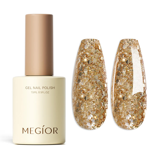 MEGIOR front packaging showing 15ml bottle and gold sparkle finish benefit: clear product ID