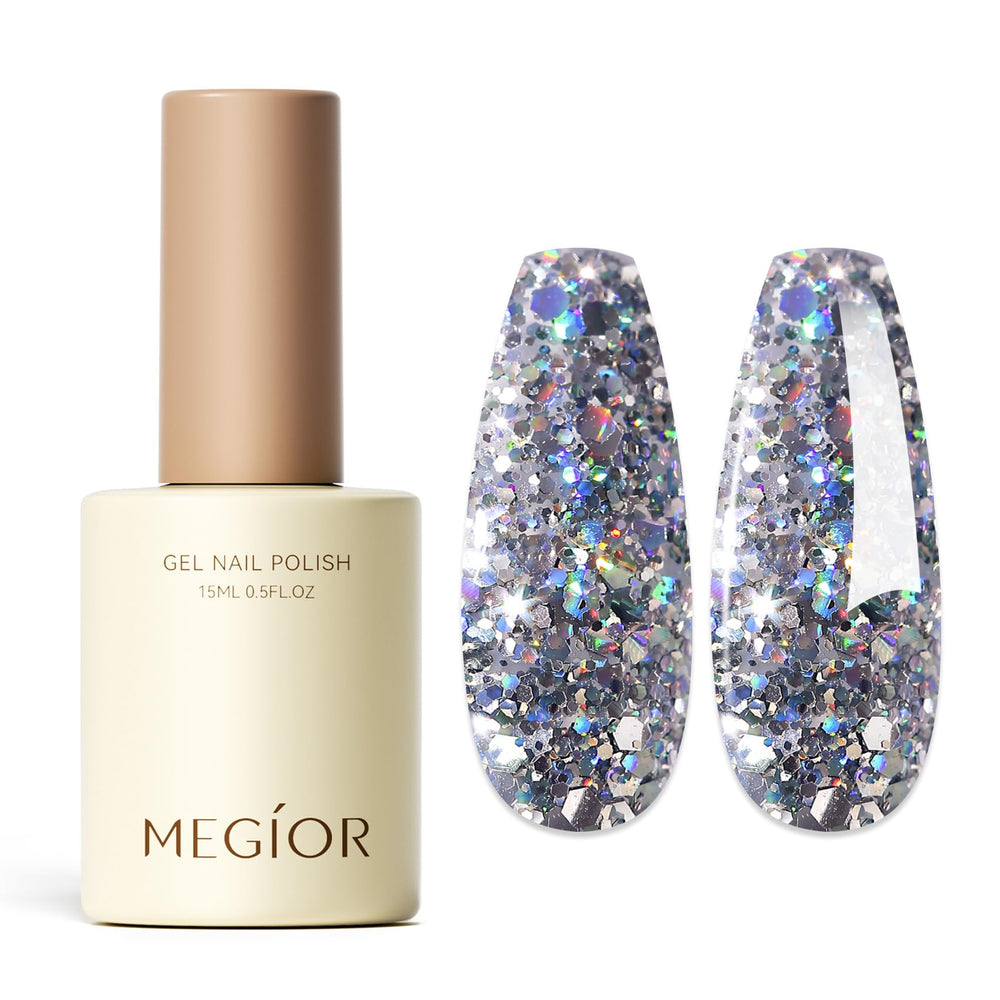 MEGIOR front bottle showing silver glitter polish and label, easy identification benefit