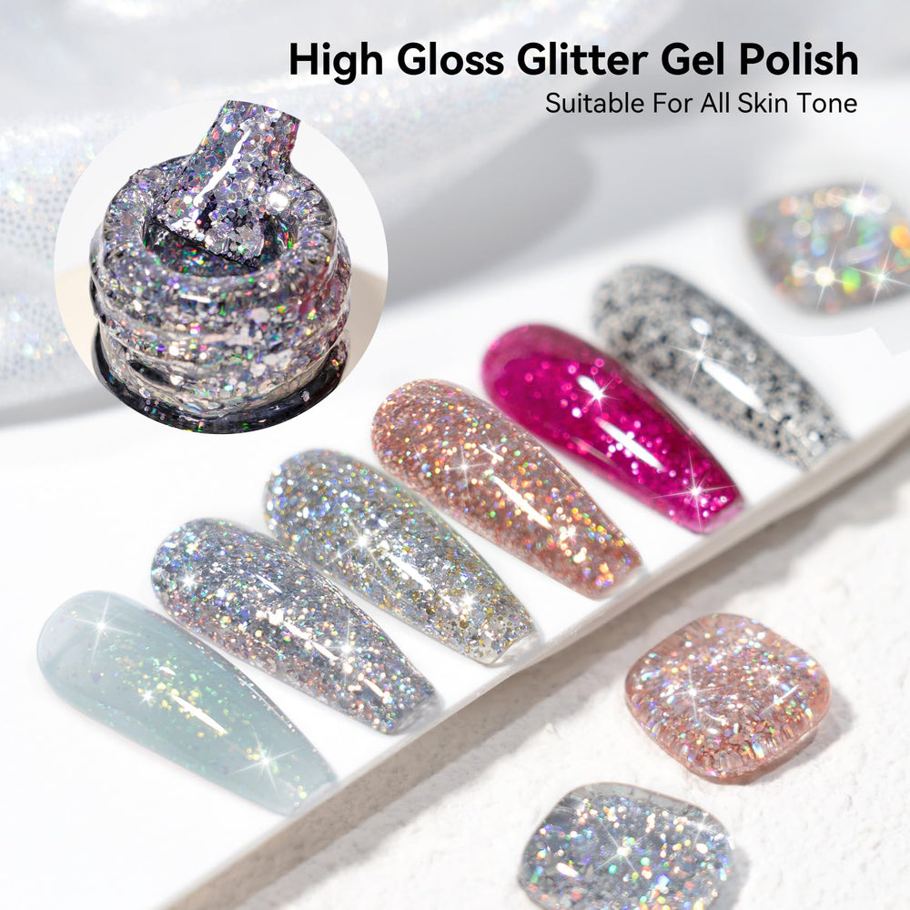 MEGIOR on nails hand swatch showing finished sparkly manicure for salon-quality look