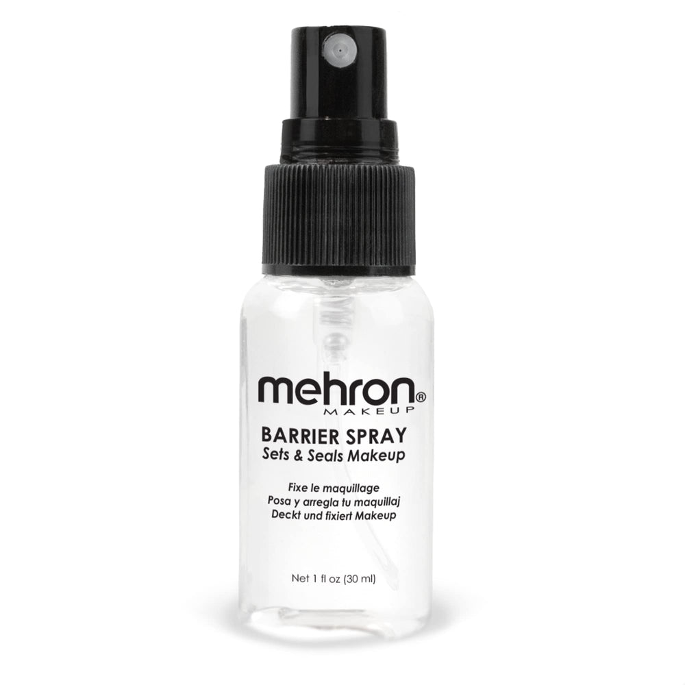 Mehron Barrier Spray front bottle showing compact travel-friendly packaging and durability benefit