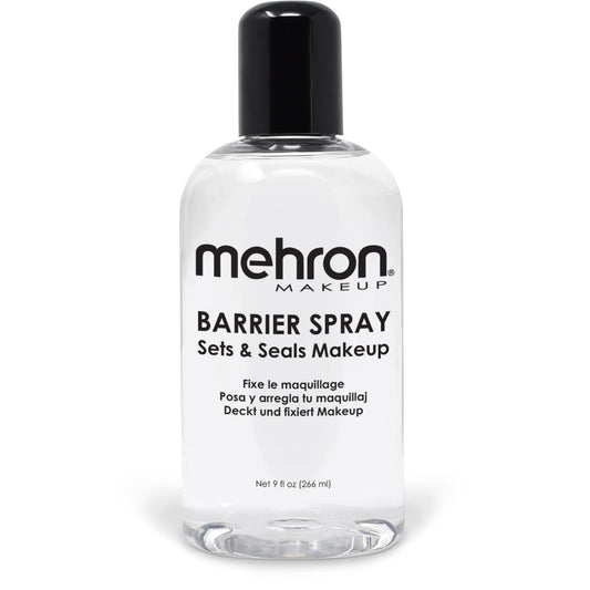 Mehron Barrier Spray front bottle view showing product and volume benefits