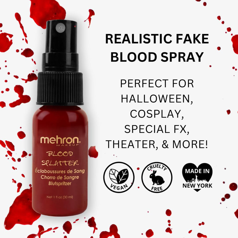 Mehron blood spray on costume and prop providing realistic stain and stage-ready finish