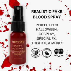 Mehron blood spray on costume and prop providing realistic stain and stage-ready finish