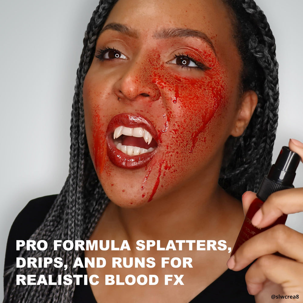 Mehron wet blood texture on skin detail showing realistic run and shine benefit