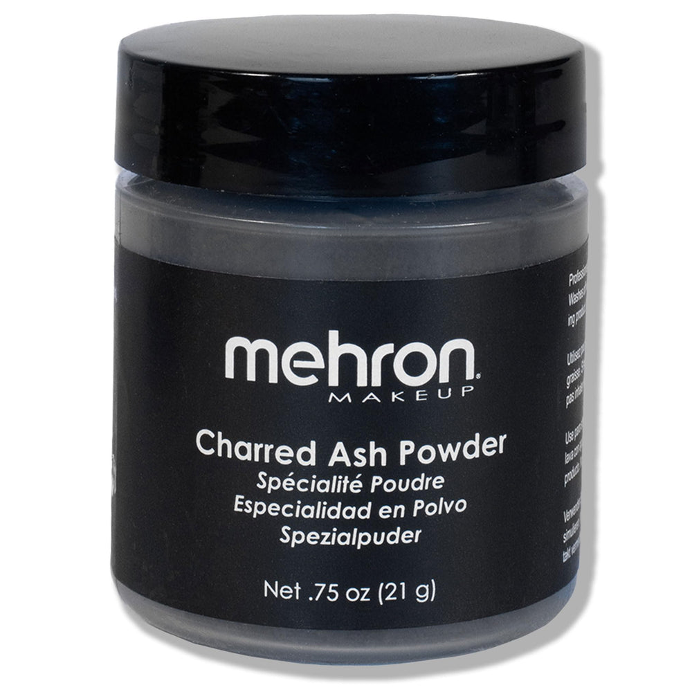 Mehron jar of Charred Ash powder front view showing product label and size benefit