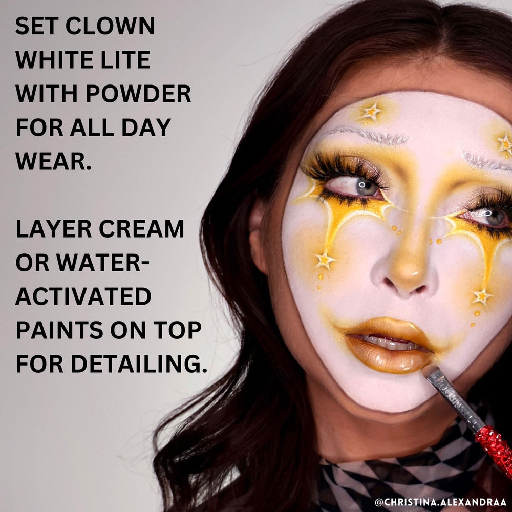 Mehron Clown White Lite close-up on skin showing even, crack-resistant result