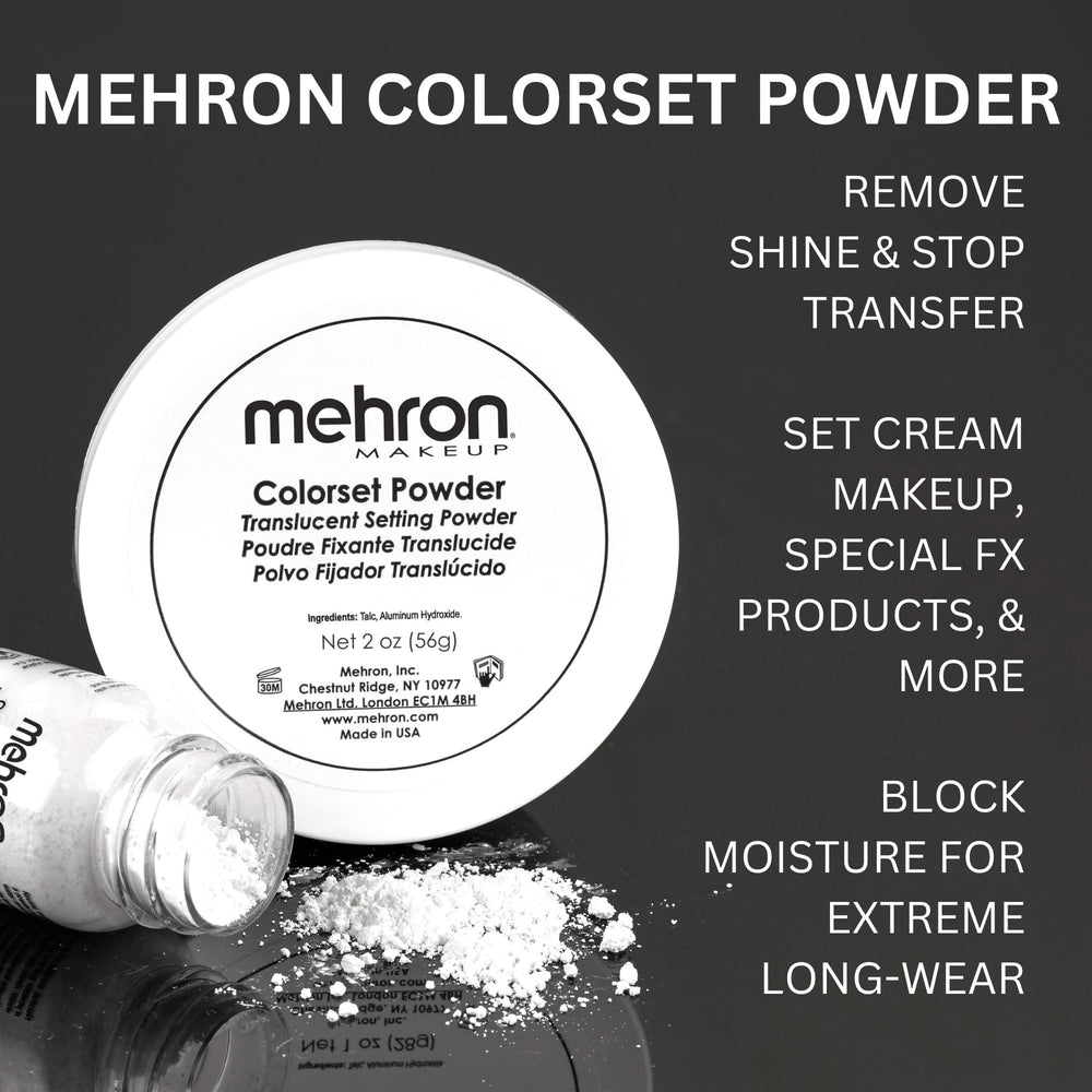 Mehron Colorset Powder beside liquid latex demonstrating reliable SFX adhesion control