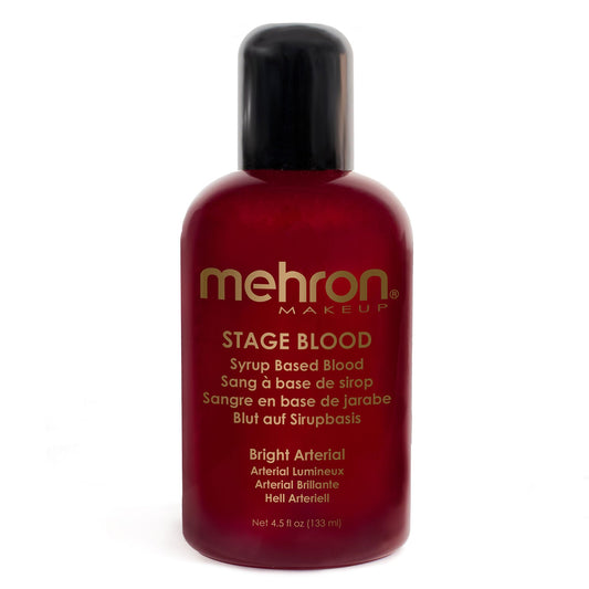 Mehron stage blood jar front view showing product and label for professional effects