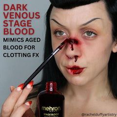 Mehron Stage Blood used near mouth illustrating edible safe-for-oral-performance benefit