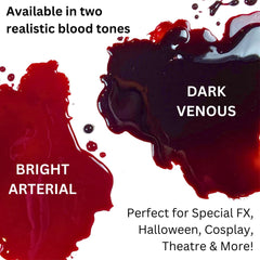 Mehron Stage Blood next to ruler showing 1 oz scale for portability and kit readiness