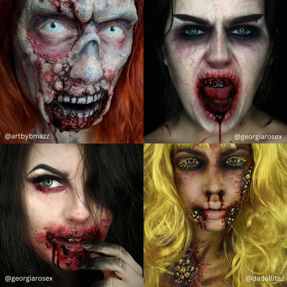 Mehron Stage Blood thick glossy texture close-up demonstrating realistic dripping effect