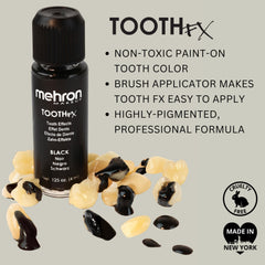 Mehron Tooth FX Black applied on model demonstrating blackout teeth benefit