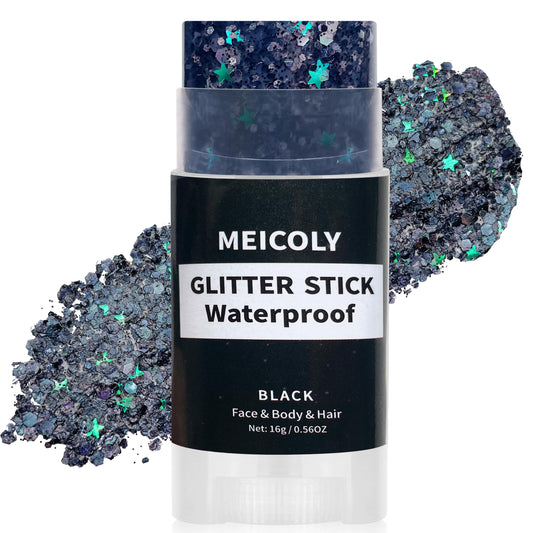 MEICOLY black glitter stick front packaging showing compact travel-ready design and bold branding