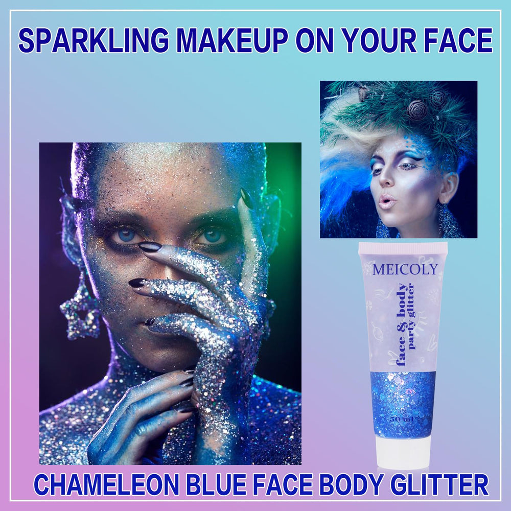 MEICOLY glitter gel texture close-up showing chunky holographic particles benefit sparkle