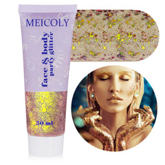 MEICOLY tube front view showing gold chameleon glitter and easy-squeeze packaging benefit